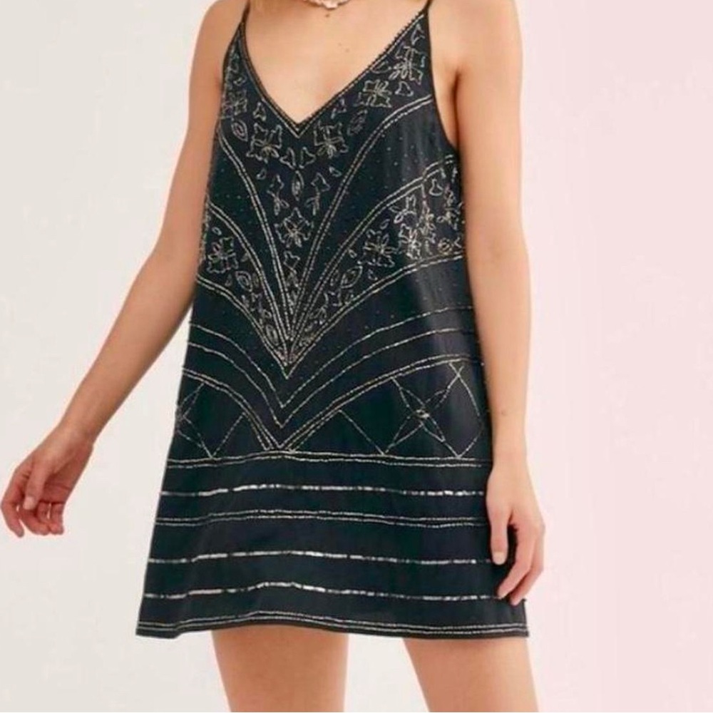 Free People Beaded Black Slip Mini Dress